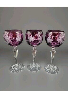 Vintage Cut To Clear Amethyst Wine Glasses Set Of 3 Grape Design Nachtmann? Glam